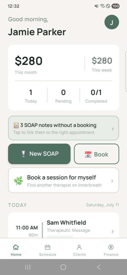 Innerbreath home screen — today's schedule and earnings